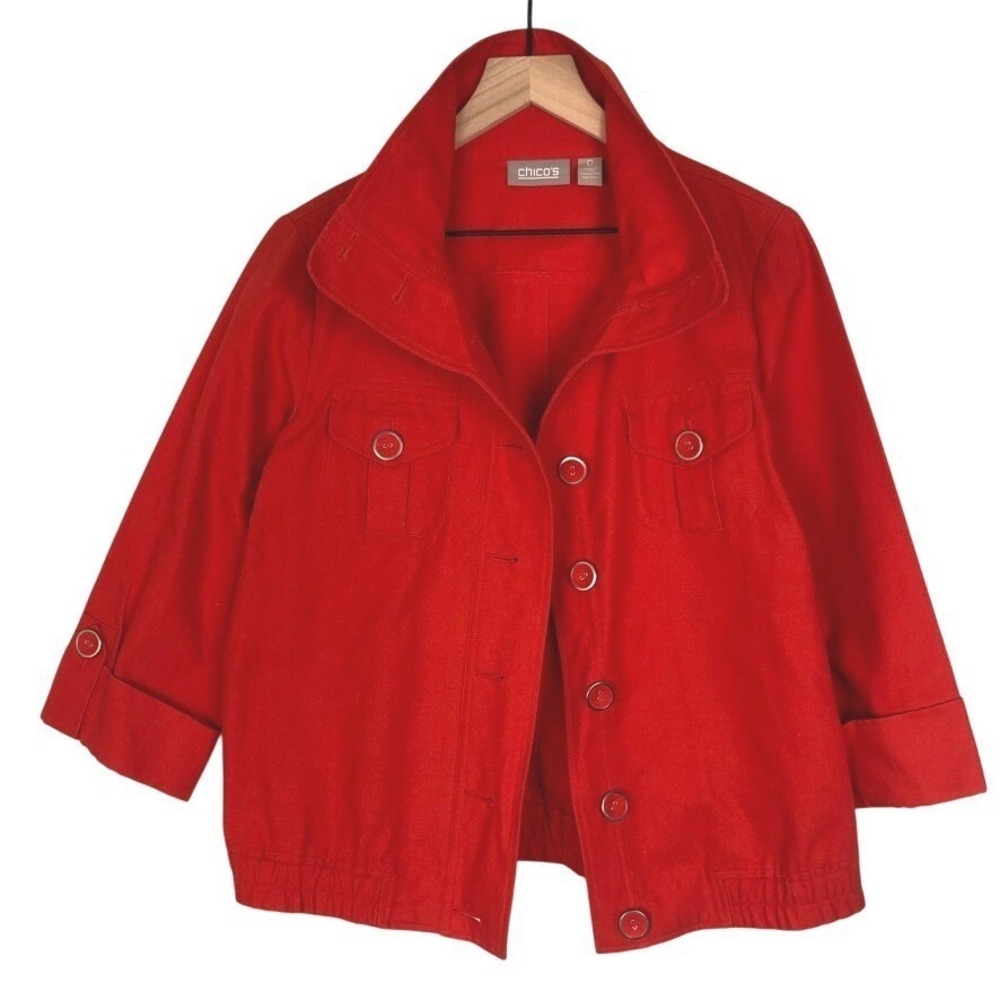 CHICO'S 3/4 Sleeve Cropped‎ Jacket Women's Sz 0 Small Red Cotton Button Front